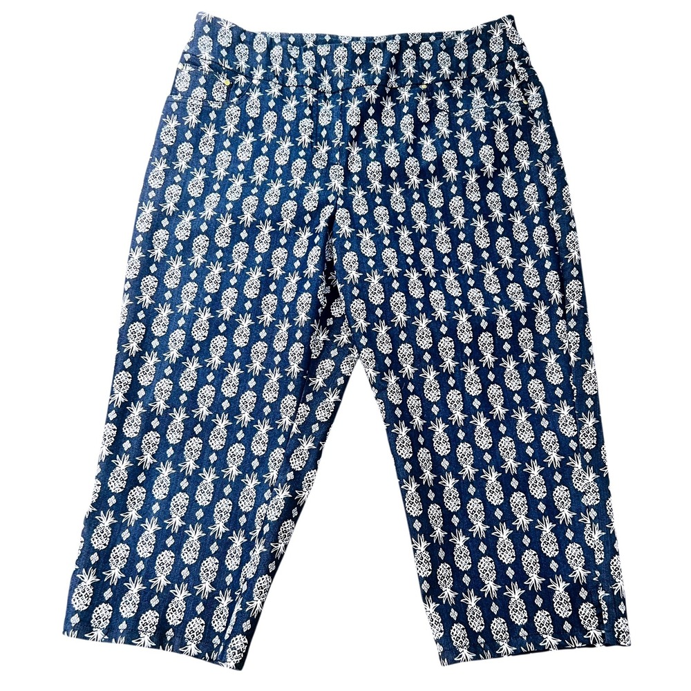 Ruby Rd Petite‎ Capri Cropped Pants 14P Pineapple Navy Pull On Picnic Swinger